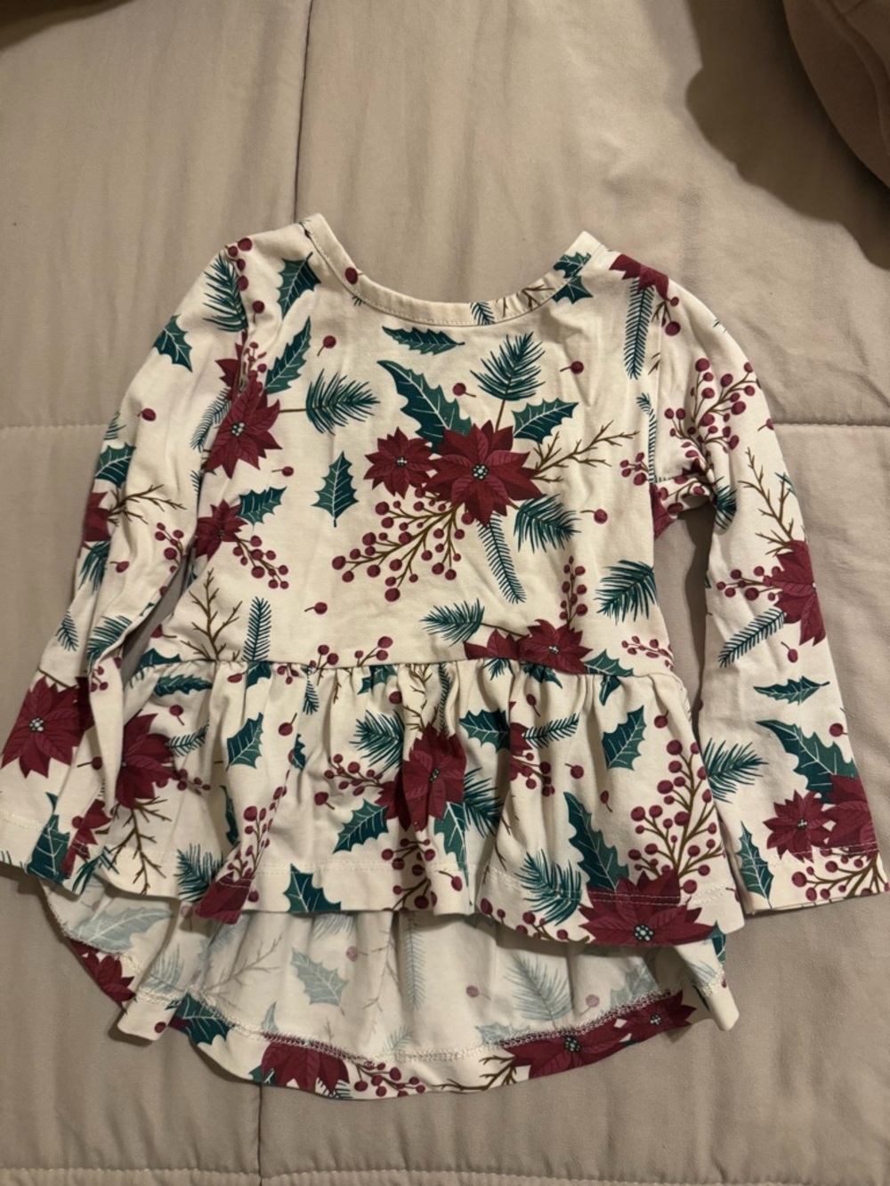 Ruffle Butts Cream Long Sleeve Peplum Top with Red & Green Floral Holiday Print